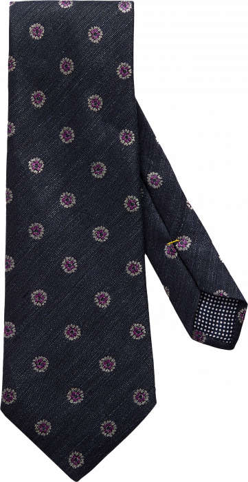 Eton - Navy Flower Patterned Silk & Linen Tie - Ciemnoniebieski