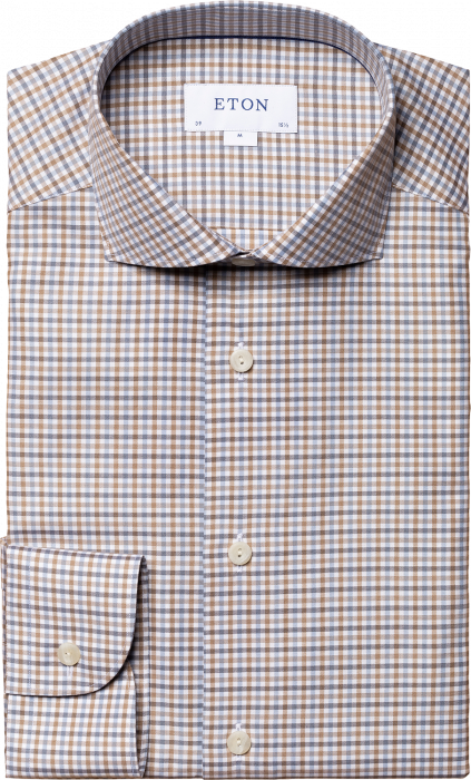 Eton - Checkered Business Shirt, Wide Spread, Slim - Brown & biały