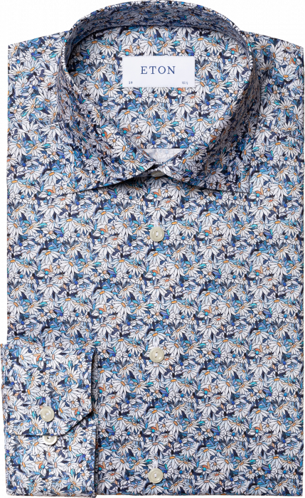 Eton - Farverig Herreskjorte Med Blomstermotiv, Slim Fit - Blå & hvid